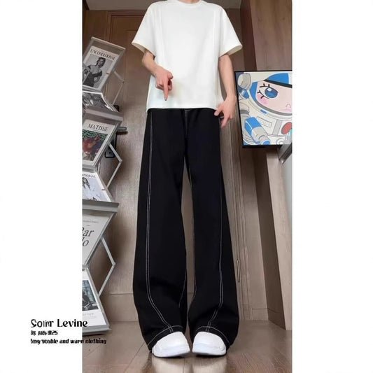 Black Stitched Knife - Edge Denim Pants Men's Street Style Straight Leg Wide - Leg Trousers - 𝐃𝐔𝐕𝐋𝐀𝐒𝐇𝐎𝐏