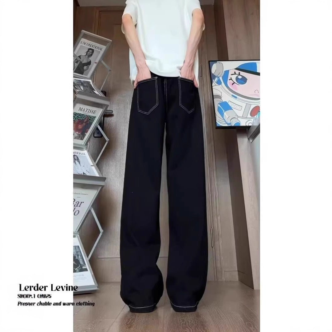 Black Stitched Knife - Edge Denim Pants Men's Street Style Straight Leg Wide - Leg Trousers - 𝐃𝐔𝐕𝐋𝐀𝐒𝐇𝐎𝐏