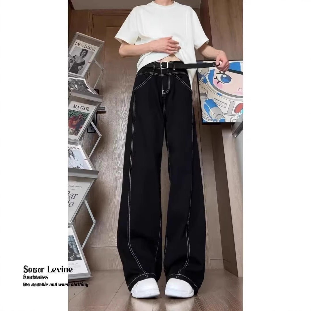 Black Stitched Knife - Edge Denim Pants Men's Street Style Straight Leg Wide - Leg Trousers - 𝐃𝐔𝐕𝐋𝐀𝐒𝐇𝐎𝐏