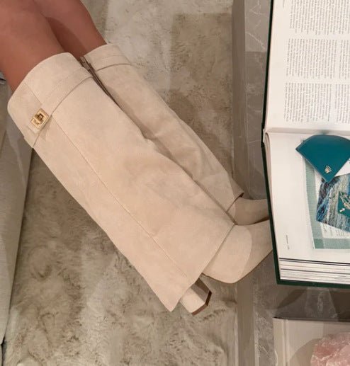 Boots with pointed toes large tube circumference straight tube metal buckle medium length tube thick heel women's boots - 𝐝𝐮𝐯𝐥𝐚𝐬𝐡𝐨𝐩.𝐜𝐨𝐦