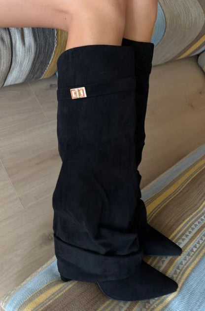 Boots with pointed toes large tube circumference straight tube metal buckle medium length tube thick heel women's boots - 𝐝𝐮𝐯𝐥𝐚𝐬𝐡𝐨𝐩.𝐜𝐨𝐦