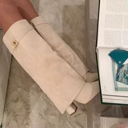 Boots with pointed toes large tube circumference straight tube metal buckle medium length tube thick heel women's boots - 𝐝𝐮𝐯𝐥𝐚𝐬𝐡𝐨𝐩.𝐜𝐨𝐦