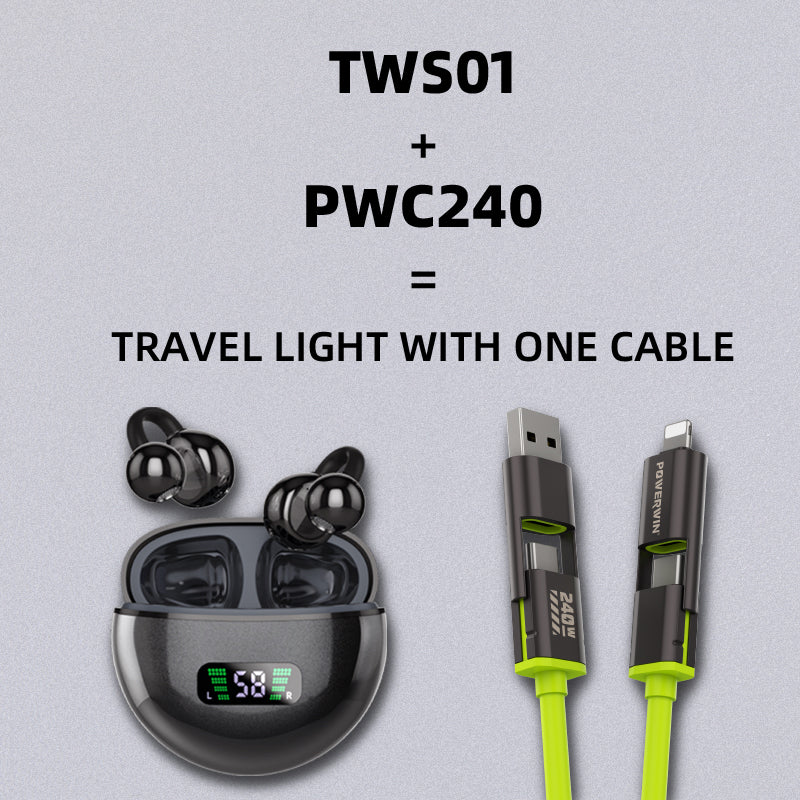 Powerwin TWS01 Bluetooth 5.4 Open-Ear Earphones + PWC240 240W 4-in-1