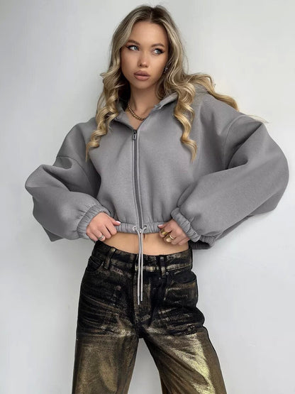 Casual Loose Hoodie for Women Short Crop Tied Waist Crop Top Zipper Long Sleeve Sweatshirt - 𝐃𝐔𝐕𝐋𝐀𝐒𝐇𝐎𝐏