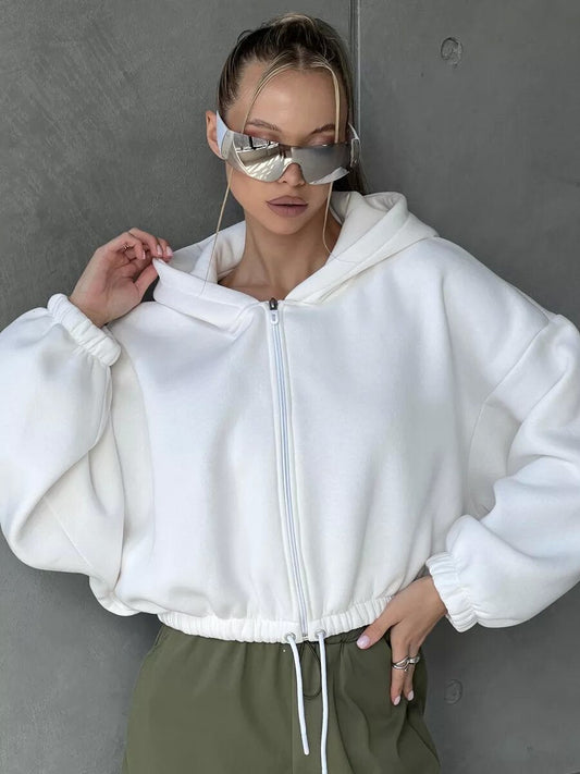 Casual Loose Hoodie for Women Short Crop Tied Waist Crop Top Zipper Long Sleeve Sweatshirt - 𝐃𝐔𝐕𝐋𝐀𝐒𝐇𝐎𝐏