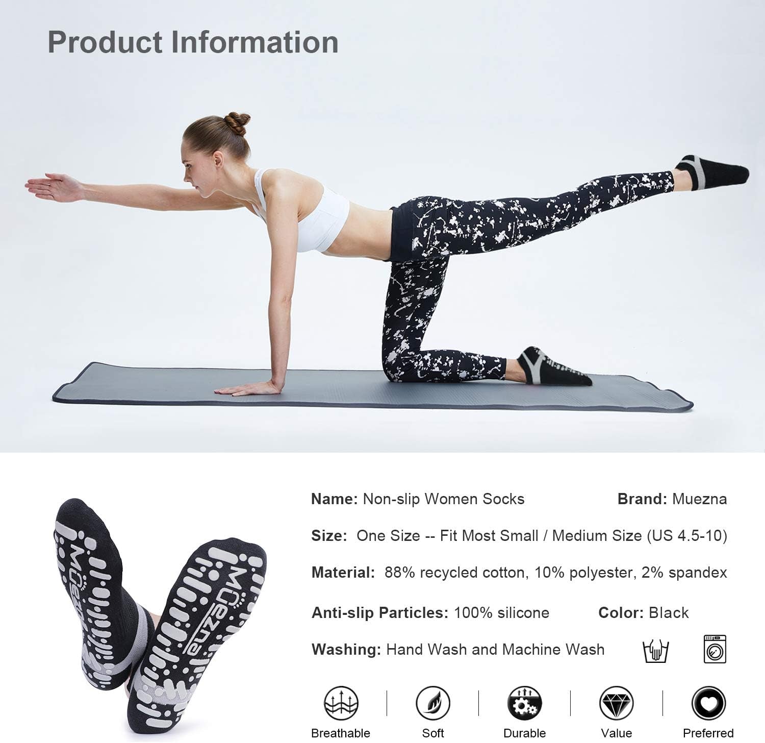 Non Slip Yoga Socks for Women, Anti-Skid Pilates, Barre, Hospital Socks with Grips, Size 5-10