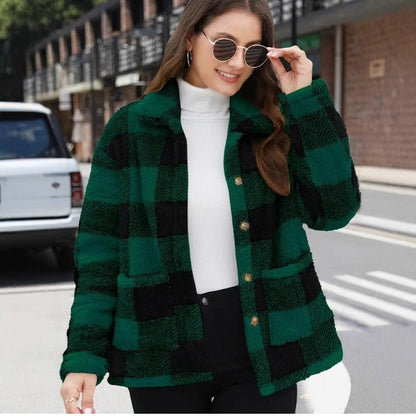 Chic Women's Plaid Fleece Coat with Patch Pockets, Long Sleeve, Casual Winter Fashion Outerwear - 𝐝𝐮𝐯𝐥𝐚𝐬𝐡𝐨𝐩.𝐜𝐨𝐦