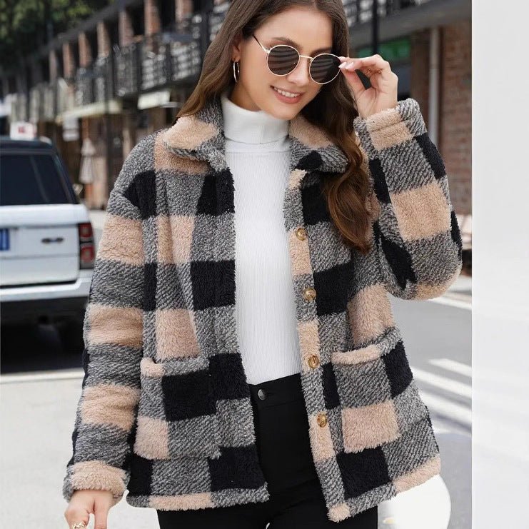 Chic Women's Plaid Fleece Coat with Patch Pockets, Long Sleeve, Casual Winter Fashion Outerwear - 𝐝𝐮𝐯𝐥𝐚𝐬𝐡𝐨𝐩.𝐜𝐨𝐦