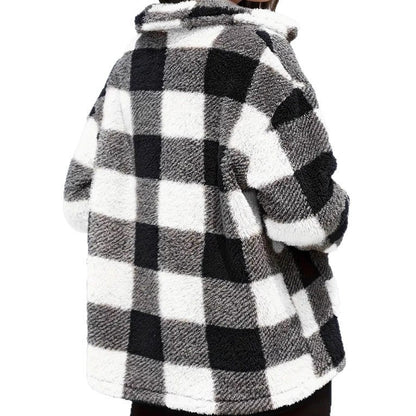 Chic Women's Plaid Fleece Coat with Patch Pockets, Long Sleeve, Casual Winter Fashion Outerwear - 𝐝𝐮𝐯𝐥𝐚𝐬𝐡𝐨𝐩.𝐜𝐨𝐦