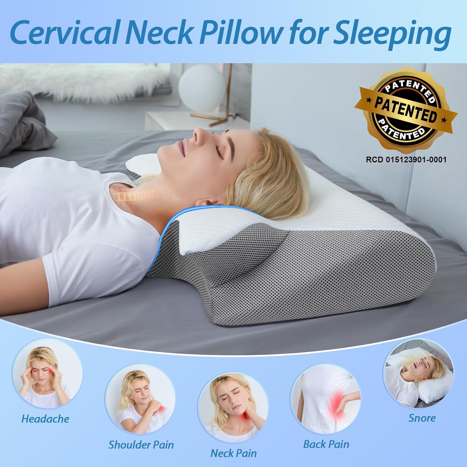Oreiller cervical Comfort Cloud de la marque Amazon, en mousse douce, conçu pour un soutien confortable du cou.