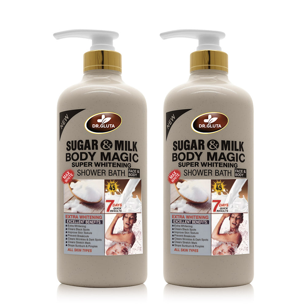 Gel douche Sugar&amp; Milk pour peau blanche, anti-âge, exfoliant et soin corporel, bouteille blanche avec étiquette.