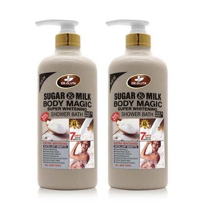 Gel douche Sugar&amp; Milk pour peau blanche, anti-âge, exfoliant et soin corporel, bouteille blanche avec étiquette.