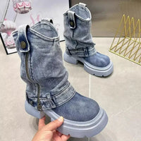 Denim Ankle Boots For Women Round Toe Thick Bottom Side Zipper Belt Buckle Female Shoes Solid Color Low Heel Designer New Brand - 𝐃𝐔𝐕𝐋𝐀𝐒𝐇𝐎𝐏