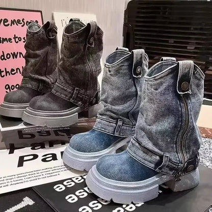 Denim Ankle Boots For Women Round Toe Thick Bottom Side Zipper Belt Buckle Female Shoes Solid Color Low Heel Designer New Brand - 𝐃𝐔𝐕𝐋𝐀𝐒𝐇𝐎𝐏