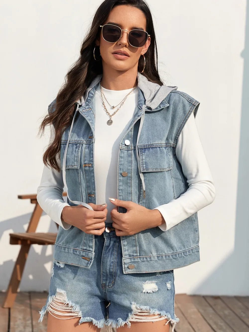 Drawstring Button Up Sleeveless Denim Jacket - 𝐃𝐔𝐕𝐋𝐀𝐒𝐇𝐎𝐏