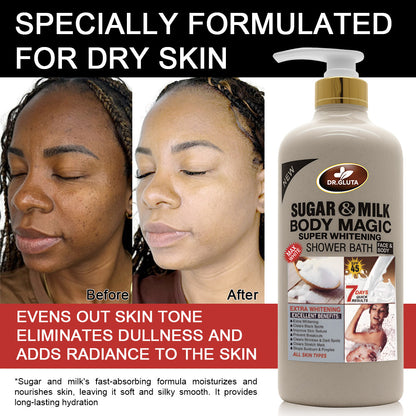 Gel douche Sugar&amp;Milk pour whitening, anti-âge, exfoliation, soin de la peau, bain nettoyant, texture crémeuse.