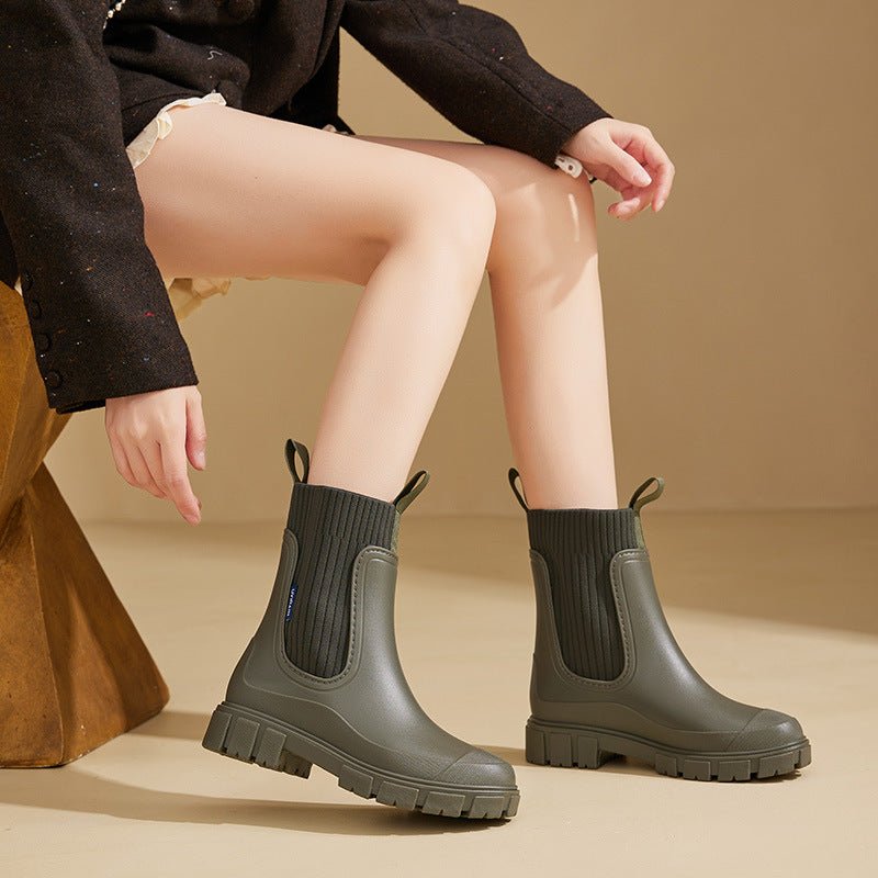 Elastic Waist Women's Mid - Calf Rain Boots, Durable Heeled Waterproof Non - Slip Outdoor Wearable Mid - Calf Boots for Rainy Weather - 𝐃𝐔𝐕𝐋𝐀𝐒𝐇𝐎𝐏