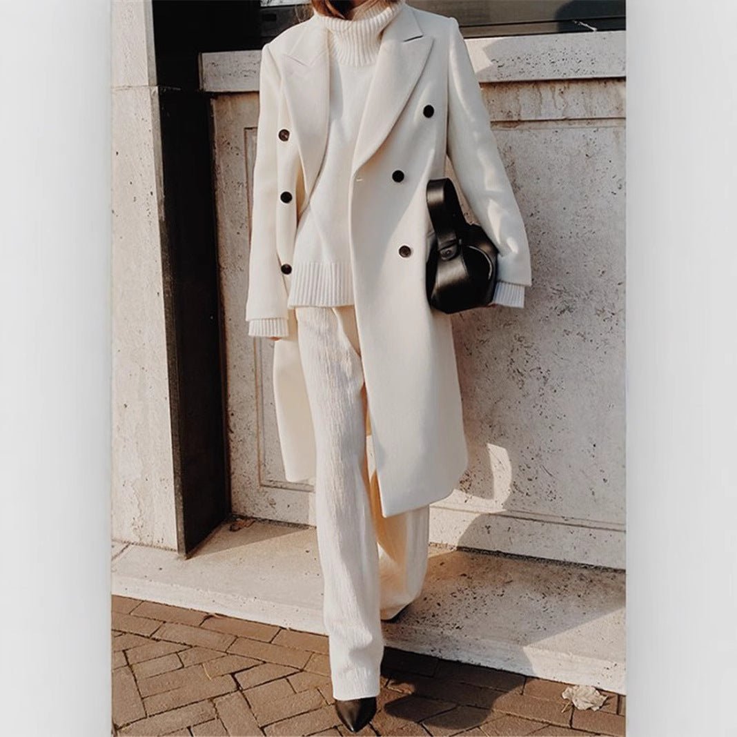 Fall/Winter New Women's Long Sleeve Notched Collar Solid Color Double Breasted Slim Fit Coat - 𝐃𝐔𝐕𝐋𝐀𝐒𝐇𝐎𝐏