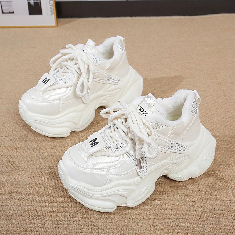 Fashion Chunky Platform Sneakers for Women 2026 Shiny Crystals Thick Bottom Dad Shoes Woman Lace Up Black White Vulcanizd Shoes - 𝐃𝐔𝐕𝐋𝐀𝐒𝐇𝐎𝐏