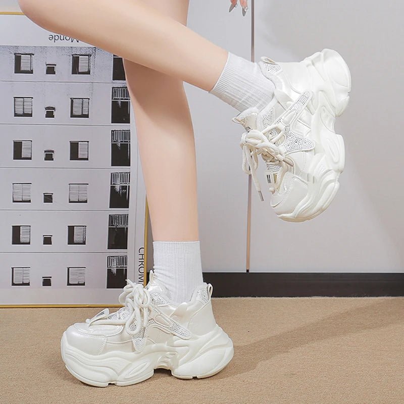 Fashion Chunky Platform Sneakers for Women 2026 Shiny Crystals Thick Bottom Dad Shoes Woman Lace Up Black White Vulcanizd Shoes - 𝐃𝐔𝐕𝐋𝐀𝐒𝐇𝐎𝐏