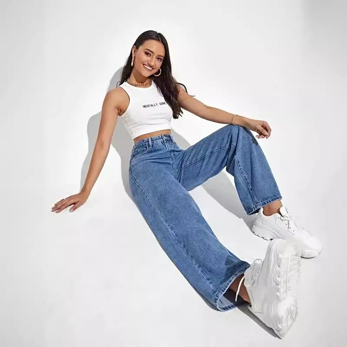 Fashion retro blue jeans women y2k High street baggy straight pants High waisted all - in - one slim pants - 𝐝𝐮𝐯𝐥𝐚𝐬𝐡𝐨𝐩.𝐜𝐨𝐦