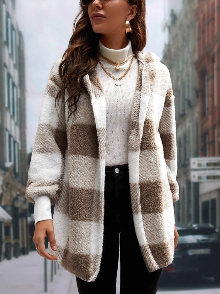 Fashionable Style Loose Plaid Color - Blocked Knitted Cardigan Women's Sweater - 𝐝𝐮𝐯𝐥𝐚𝐬𝐡𝐨𝐩.𝐜𝐨𝐦