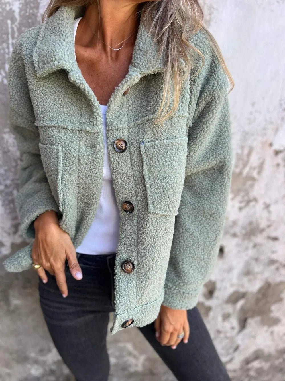 Full Size Fuzzy Button Up Drop Shoulder Jacket - 𝐃𝐔𝐕𝐋𝐀𝐒𝐇𝐎𝐏