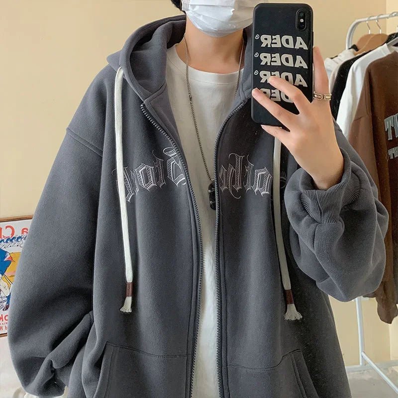 Hooded Cardigan Sweatshirt Men's Autumn Winter Letter Print Jacket Trendy Loose Couple Casual Student Zipper Coat - 𝐃𝐔𝐕𝐋𝐀𝐒𝐇𝐎𝐏