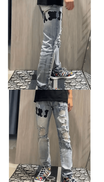 Internet Celebrity Same Style Washed Distressed Ripped Jeans Embroidered Letters High Street Casual Versatile Slim Student Pants - 𝐃𝐔𝐕𝐋𝐀𝐒𝐇𝐎𝐏