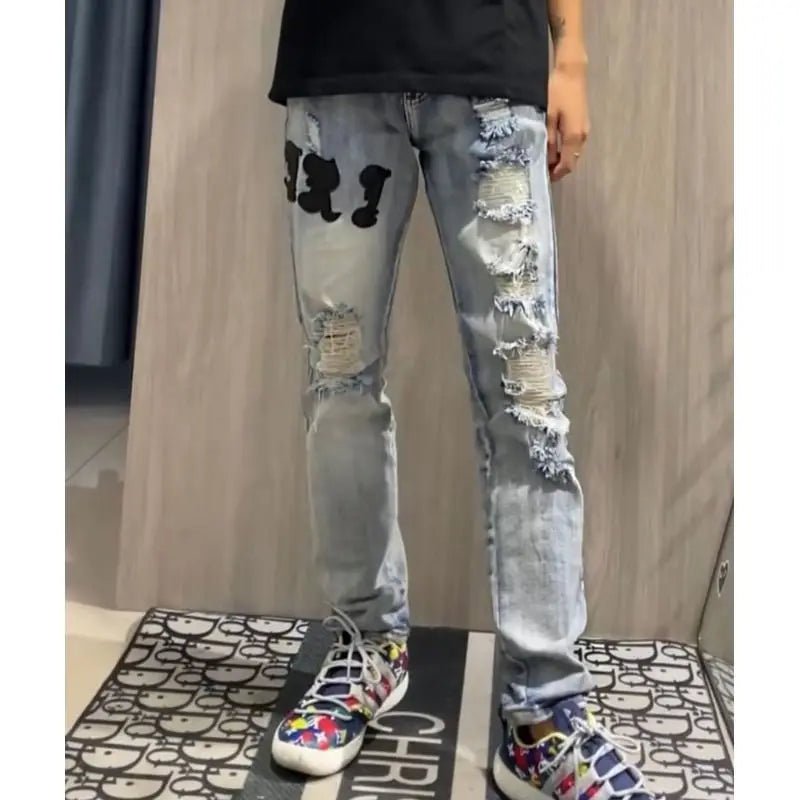 Internet Celebrity Same Style Washed Distressed Ripped Jeans Embroidered Letters High Street Casual Versatile Slim Student Pants - 𝐃𝐔𝐕𝐋𝐀𝐒𝐇𝐎𝐏