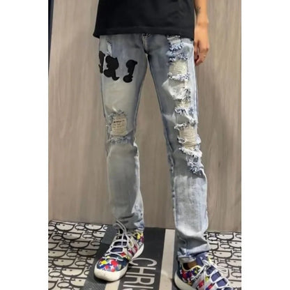 Internet Celebrity Same Style Washed Distressed Ripped Jeans Embroidered Letters High Street Casual Versatile Slim Student Pants - 𝐃𝐔𝐕𝐋𝐀𝐒𝐇𝐎𝐏