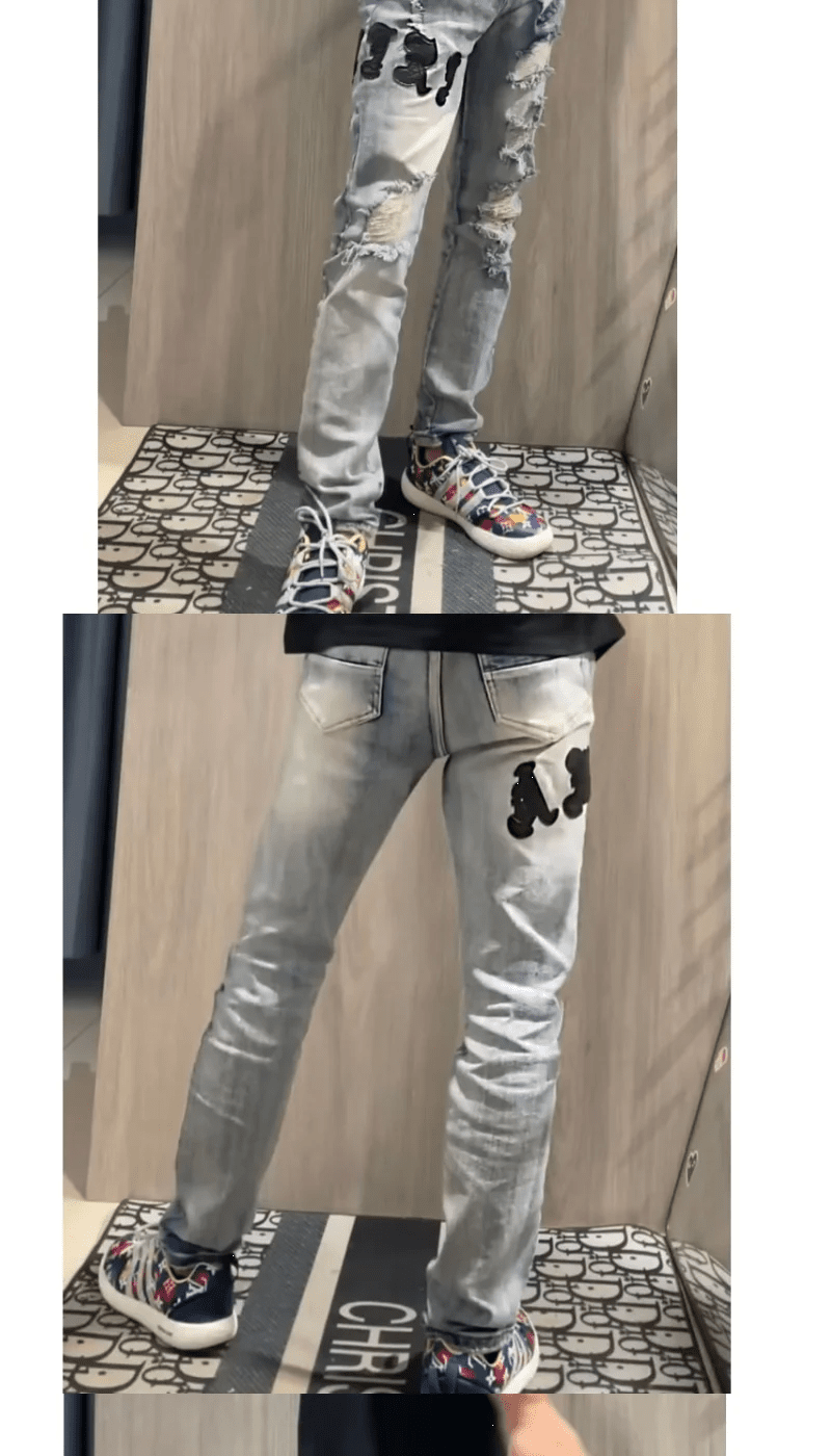 Internet Celebrity Same Style Washed Distressed Ripped Jeans Embroidered Letters High Street Casual Versatile Slim Student Pants - 𝐃𝐔𝐕𝐋𝐀𝐒𝐇𝐎𝐏