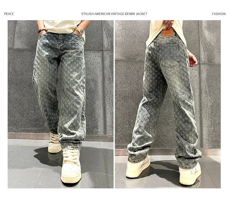 Jacquard Pattern Denim Pants Male Straight Fitting Baggy Bottoms Distressed Wide Jeans For Men - 𝐃𝐔𝐕𝐋𝐀𝐒𝐇𝐎𝐏