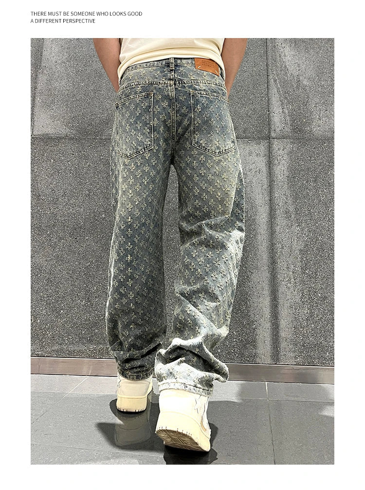 Jacquard Pattern Denim Pants Male Straight Fitting Baggy Bottoms Distressed Wide Jeans For Men - 𝐃𝐔𝐕𝐋𝐀𝐒𝐇𝐎𝐏