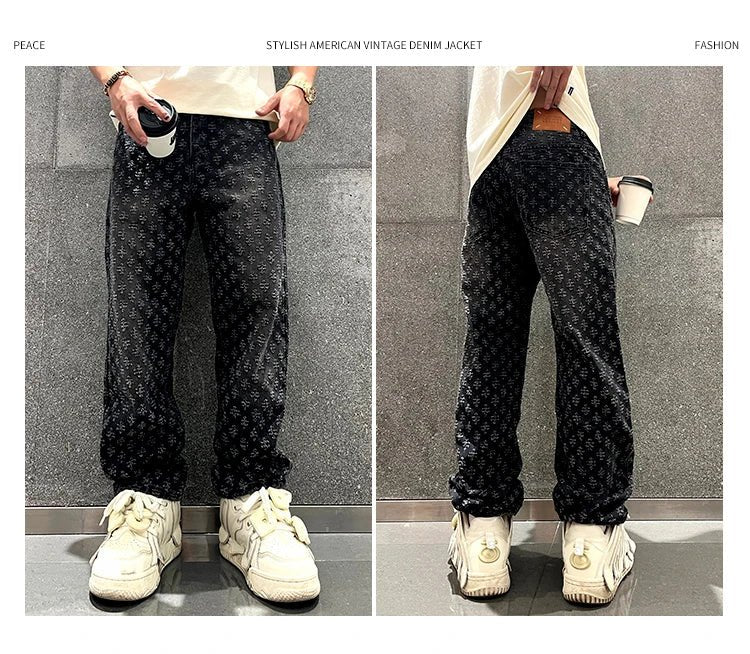 Jacquard Pattern Denim Pants Male Straight Fitting Baggy Bottoms Distressed Wide Jeans For Men - 𝐃𝐔𝐕𝐋𝐀𝐒𝐇𝐎𝐏