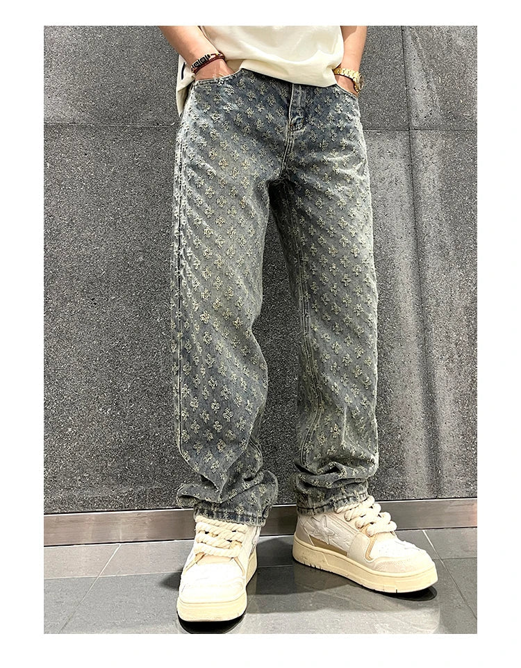 Jacquard Pattern Denim Pants Male Straight Fitting Baggy Bottoms Distressed Wide Jeans For Men - 𝐃𝐔𝐕𝐋𝐀𝐒𝐇𝐎𝐏