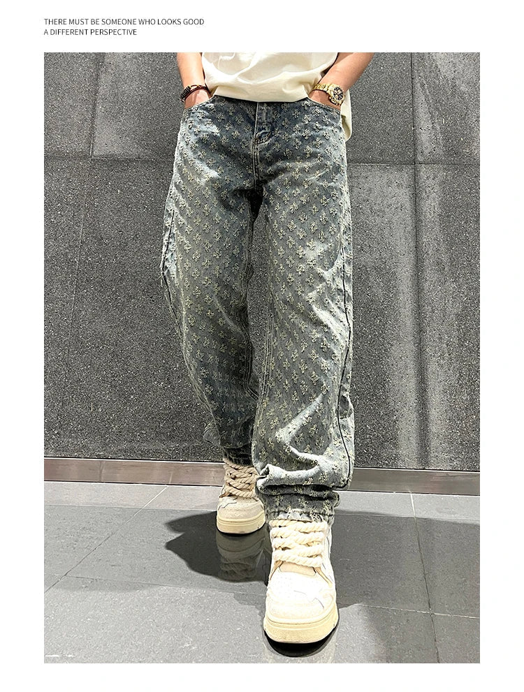 Jacquard Pattern Denim Pants Male Straight Fitting Baggy Bottoms Distressed Wide Jeans For Men - 𝐃𝐔𝐕𝐋𝐀𝐒𝐇𝐎𝐏