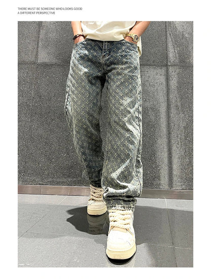 Jacquard Pattern Denim Pants Male Straight Fitting Baggy Bottoms Distressed Wide Jeans For Men - 𝐃𝐔𝐕𝐋𝐀𝐒𝐇𝐎𝐏