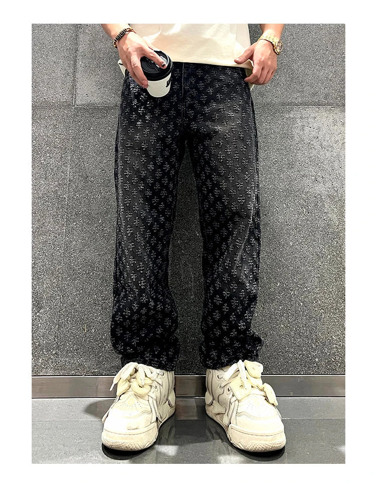 Jacquard Pattern Denim Pants Male Straight Fitting Baggy Bottoms Distressed Wide Jeans For Men - 𝐃𝐔𝐕𝐋𝐀𝐒𝐇𝐎𝐏