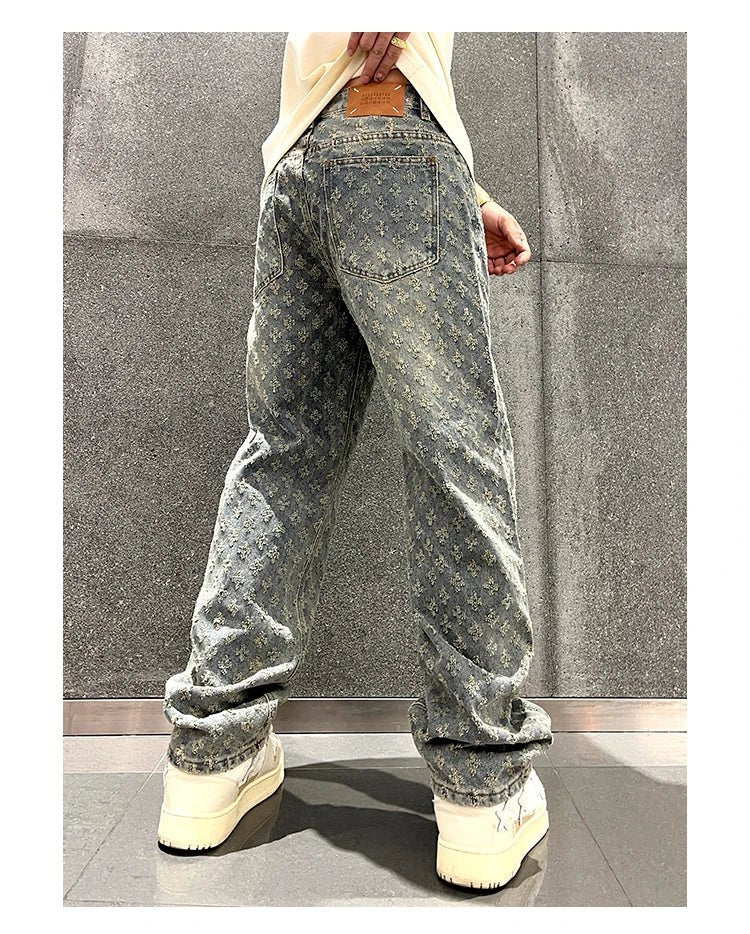 Jacquard Pattern Denim Pants Male Straight Fitting Baggy Bottoms Distressed Wide Jeans For Men - 𝐃𝐔𝐕𝐋𝐀𝐒𝐇𝐎𝐏