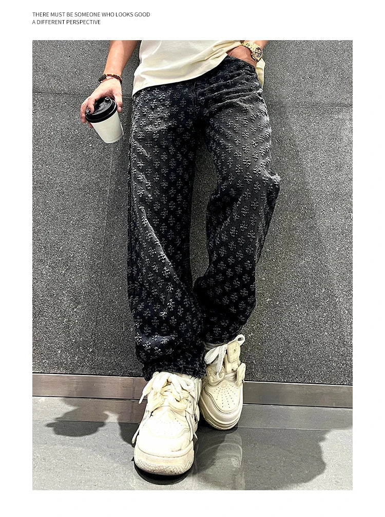 Jacquard Pattern Denim Pants Male Straight Fitting Baggy Bottoms Distressed Wide Jeans For Men - 𝐃𝐔𝐕𝐋𝐀𝐒𝐇𝐎𝐏