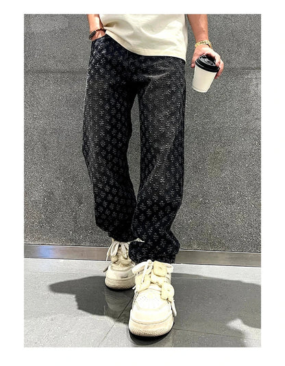 Jacquard Pattern Denim Pants Male Straight Fitting Baggy Bottoms Distressed Wide Jeans For Men - 𝐃𝐔𝐕𝐋𝐀𝐒𝐇𝐎𝐏