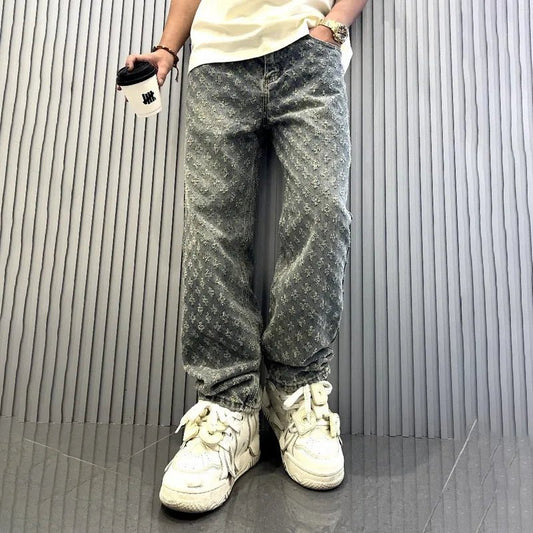 Jacquard Pattern Denim Pants Male Straight Fitting Baggy Bottoms Distressed Wide Jeans For Men - 𝐃𝐔𝐕𝐋𝐀𝐒𝐇𝐎𝐏