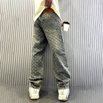 Jacquard Pattern Denim Pants Male Straight Fitting Baggy Bottoms Distressed Wide Jeans For Men - 𝐃𝐔𝐕𝐋𝐀𝐒𝐇𝐎𝐏
