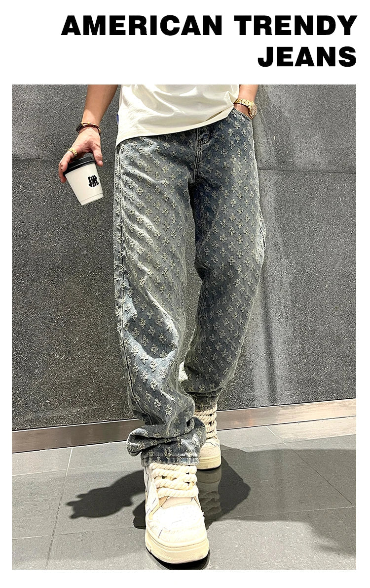Jacquard Pattern Denim Pants Male Straight Fitting Baggy Bottoms Distressed Wide Jeans For Men - 𝐃𝐔𝐕𝐋𝐀𝐒𝐇𝐎𝐏