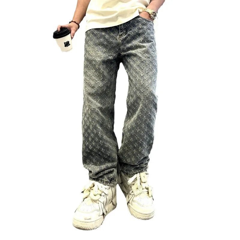 Jacquard Pattern Denim Pants Male Straight Fitting Baggy Bottoms Distressed Wide Jeans For Men - 𝐃𝐔𝐕𝐋𝐀𝐒𝐇𝐎𝐏