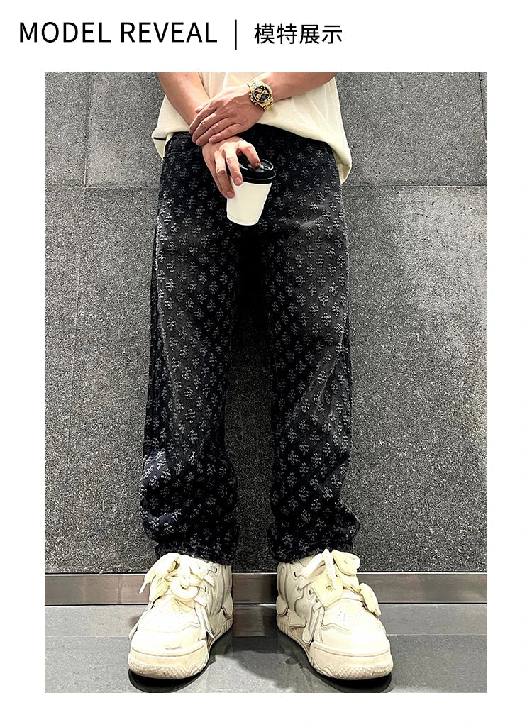Jacquard Pattern Denim Pants Male Straight Fitting Baggy Bottoms Distressed Wide Jeans For Men - 𝐃𝐔𝐕𝐋𝐀𝐒𝐇𝐎𝐏