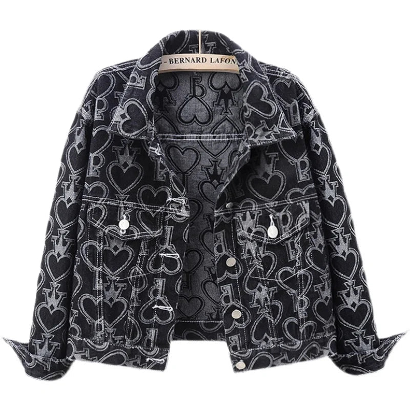 Jeans Jacket Women Heart Shaped Print Fashion Pocket Lapel Black Short Denim Jackets Female Spring Autumn Loose Jeans Coat - 𝐃𝐔𝐕𝐋𝐀𝐒𝐇𝐎𝐏