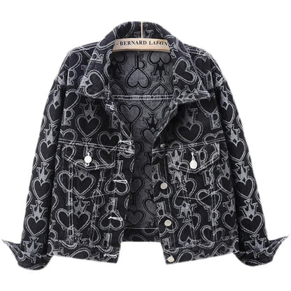 Jeans Jacket Women Heart Shaped Print Fashion Pocket Lapel Black Short Denim Jackets Female Spring Autumn Loose Jeans Coat - 𝐃𝐔𝐕𝐋𝐀𝐒𝐇𝐎𝐏