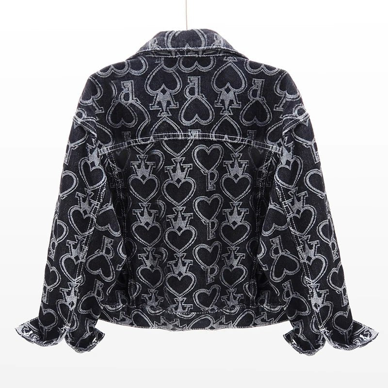 Jeans Jacket Women Heart Shaped Print Fashion Pocket Lapel Black Short Denim Jackets Female Spring Autumn Loose Jeans Coat - 𝐃𝐔𝐕𝐋𝐀𝐒𝐇𝐎𝐏